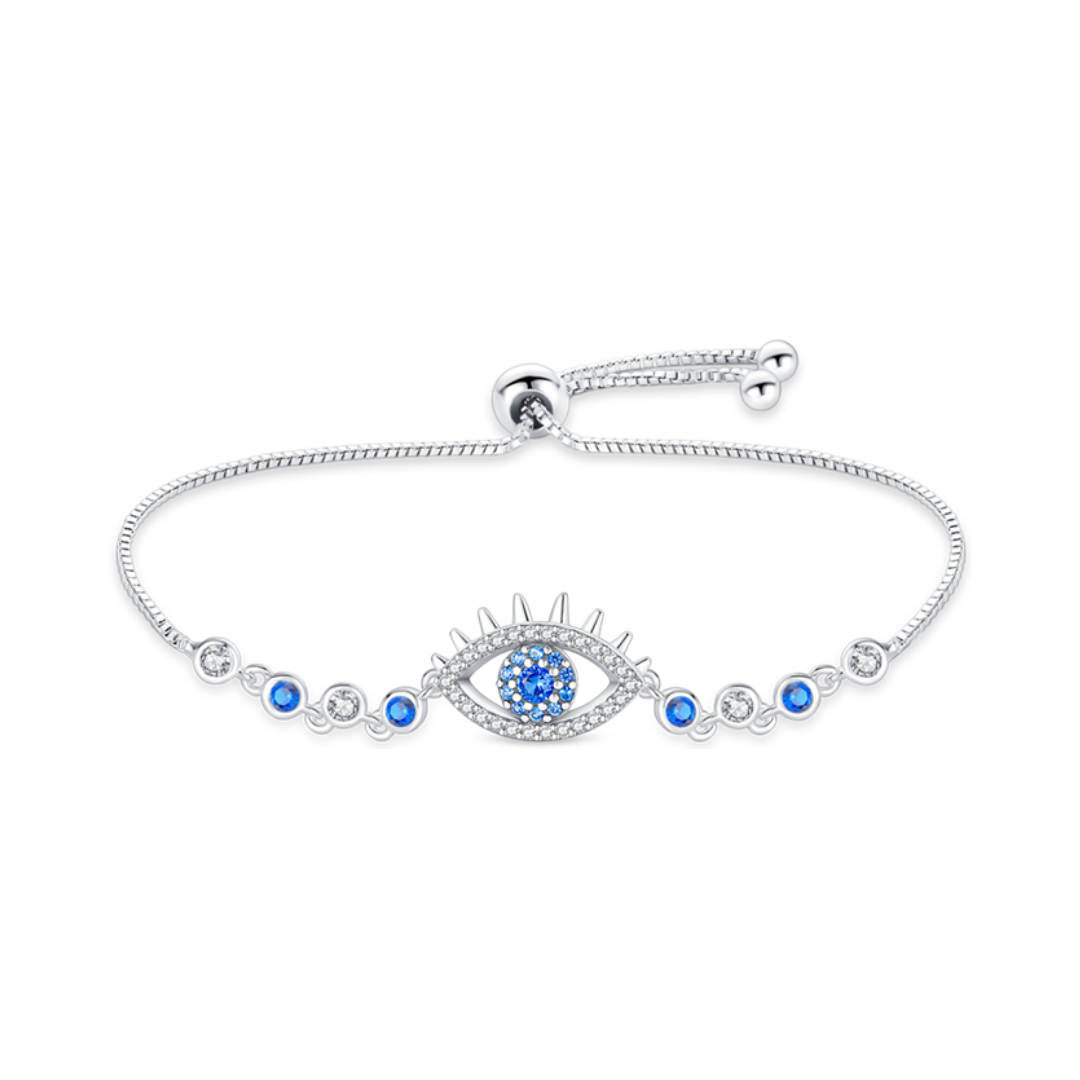 Evil Eye Adjustable Bracelet featuring blue and clear stones for stylish protection and good luck.