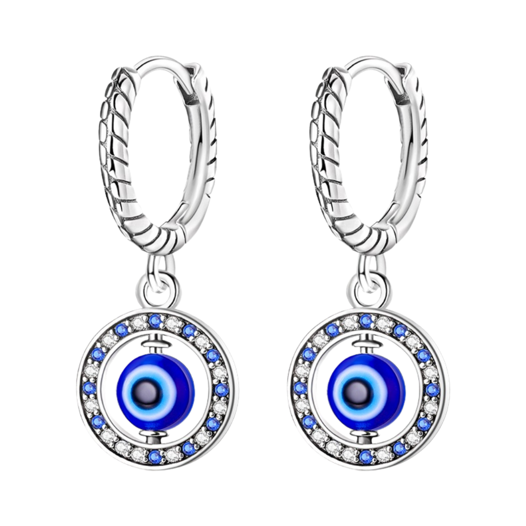 Evil Eye Dangle Hoop Earrings with blue enamel and sparkling stones for stylish protection against negative energy.