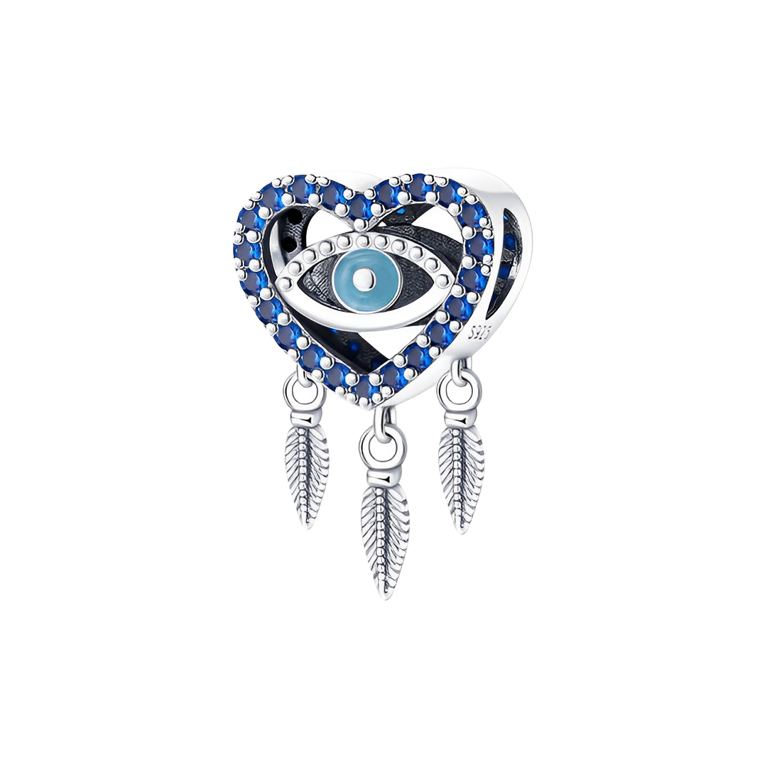 Evil Eye Dreamcatcher Heart Charm with blue stones and silver feathers, perfect spiritual gift.