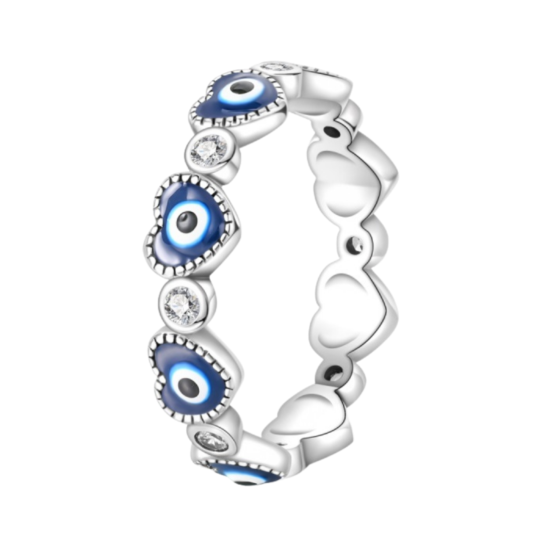 Evil Eye Heart Ring featuring blue evil eye motifs and heart shapes, symbolizing protection and love.