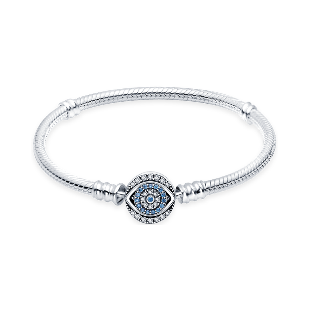 Evil Eye Snake Chain Charm Bracelet featuring a sleek silver design and a protective eye charm adorned with blue stones.