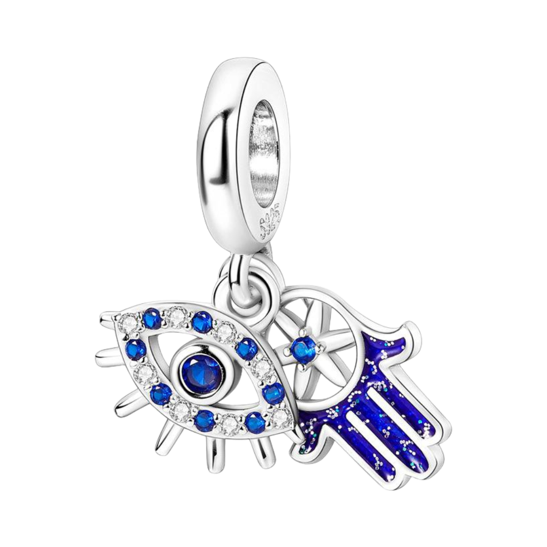 Evil Eye Star Hamsa Triple Protection Dangle Charm featuring a blue evil eye and Hamsa hand.