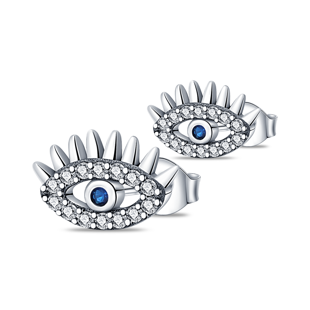 Evil Eye Stud Earrings featuring sparkling blue stones and a protective design, perfect for everyday wear.
