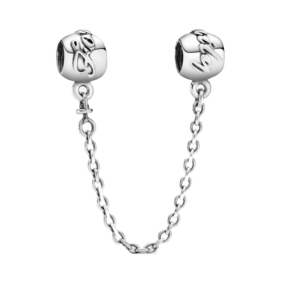 Family Forever Safety Chain featuring clip beads engraved with "Family" and "Forever" on a fine silver chain.