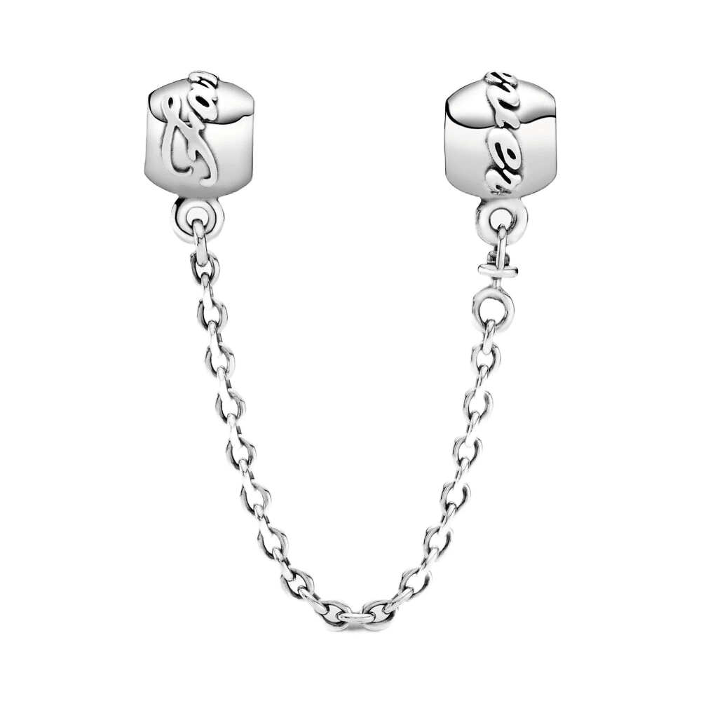 Family Forever Safety Chain with engraved beads and fine silver chain, a meaningful jewelry accessory.
