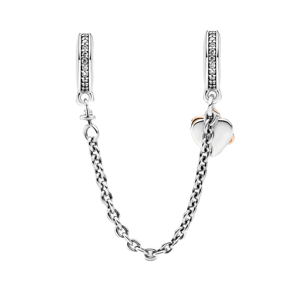 Family Heart Safety Chain featuring sparkling pavé clip beads and a rose gold heart charm.