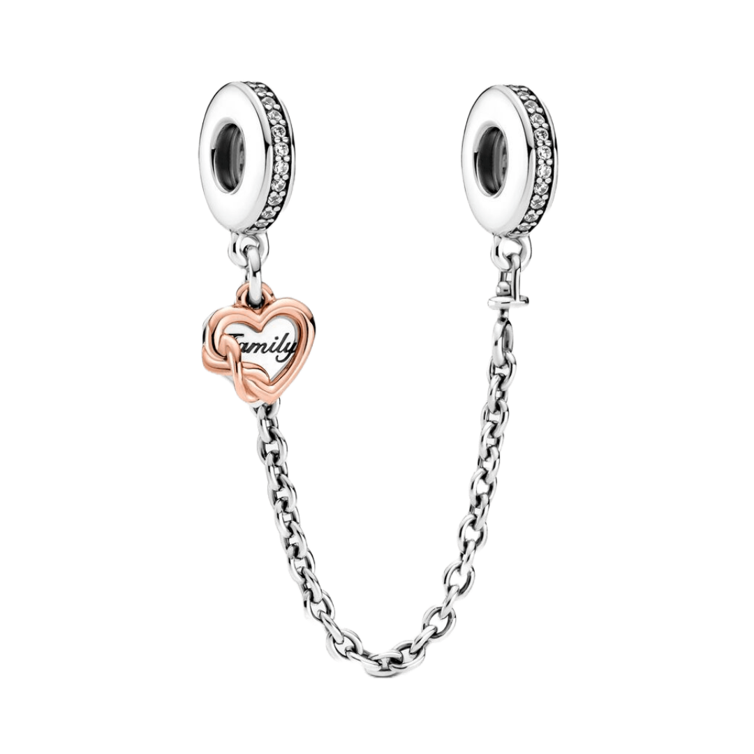 Family Heart Safety Chain featuring two sparkling pavé clip beads and rose gold heart charm engraved with 'Family'.