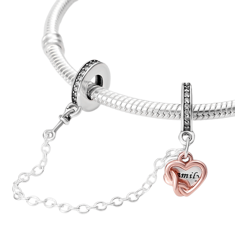 Family Heart Safety Chain featuring a rose gold heart charm and sparkling clip beads on a silver chain.