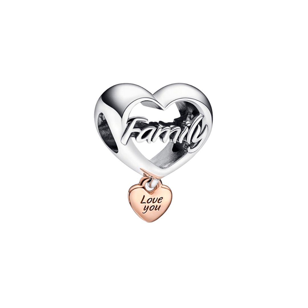 Family Love You Heart Charm featuring openwork silver heart with Family script and rose gold Love you dangle.