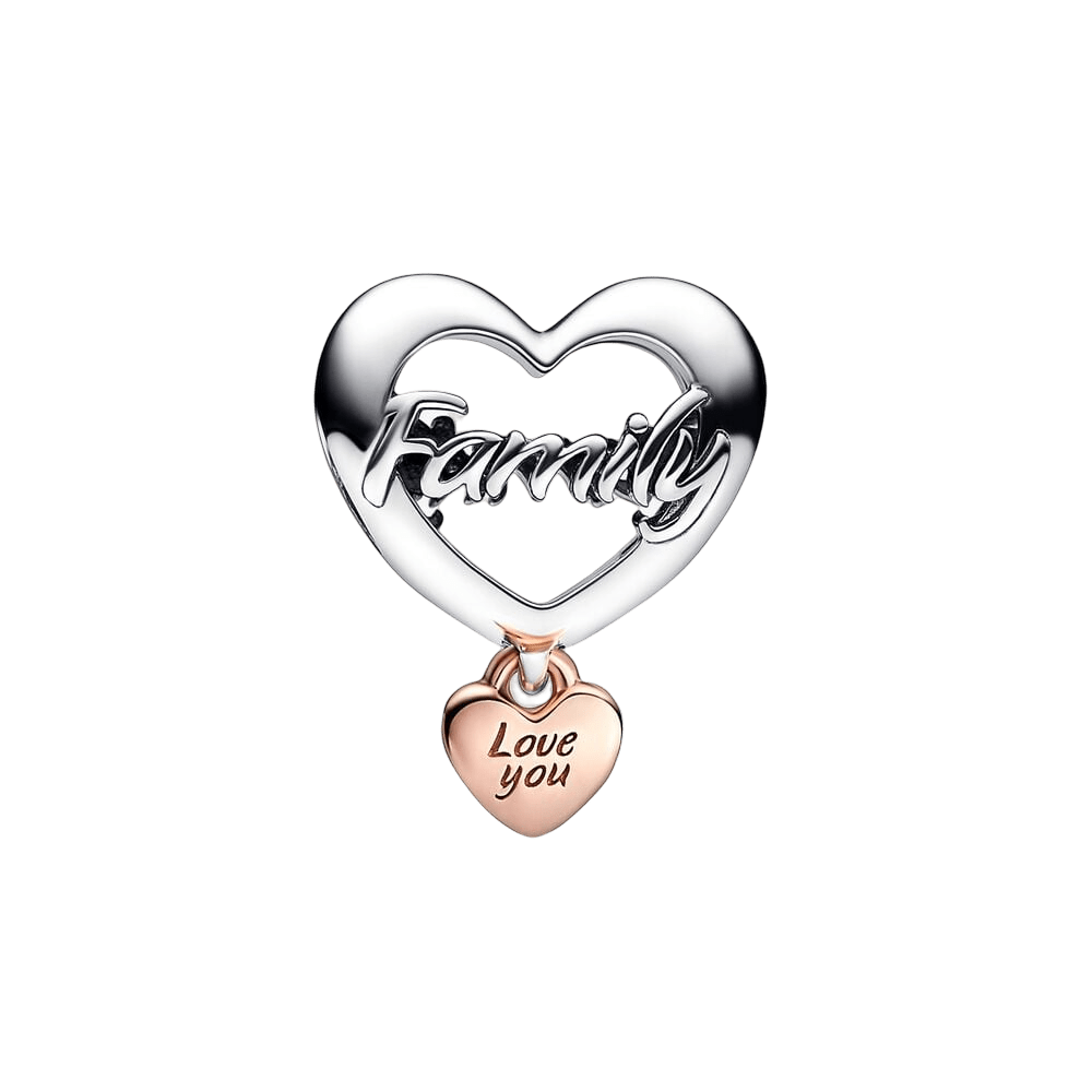 Family Love You Heart Charm featuring an openwork silver heart with Family and a rose gold Love You dangle.