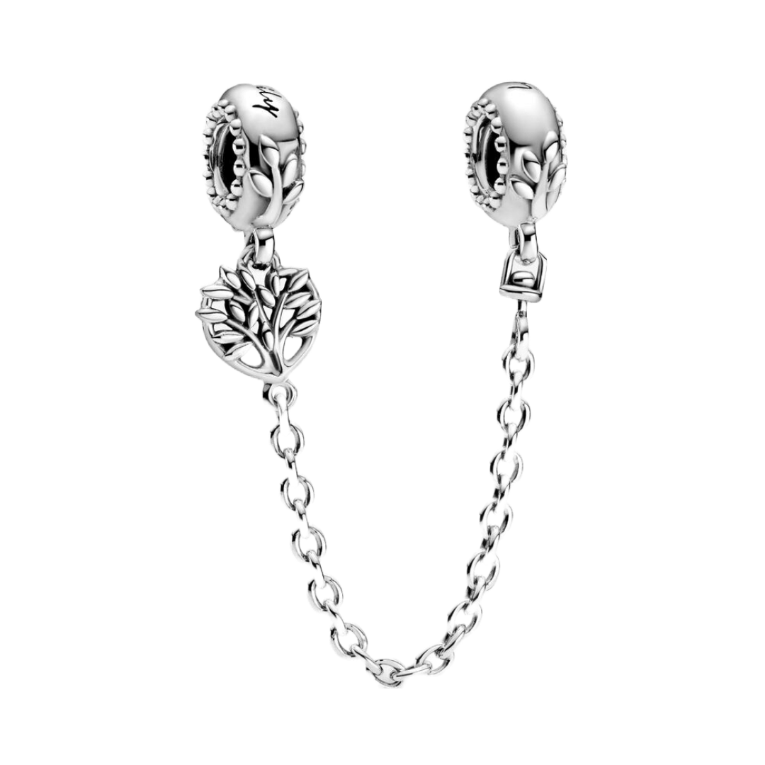 Family Tree Safety Chain Charm ( Discontinued ) in sterling silver with leaf detailing, perfect for family-themed jewelry.
