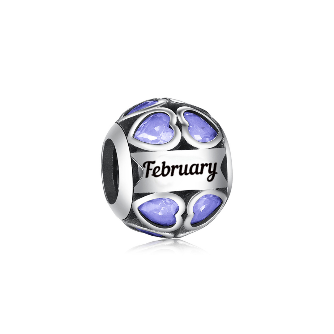 February Birthstone Heart Charm featuring purple heart gems and engraved 'February' design.