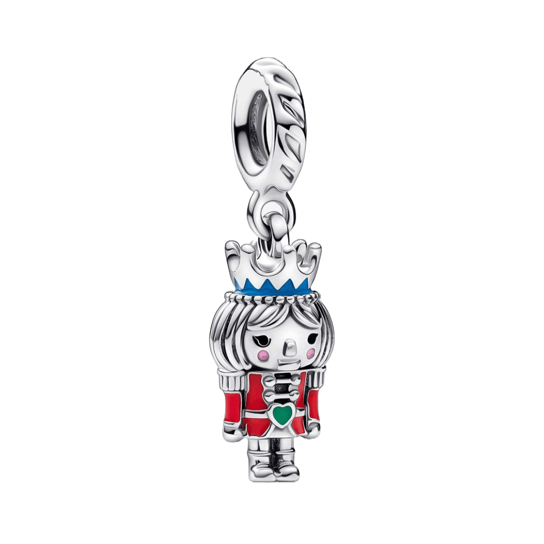 Festive Nutcracker Dangle Charm - a colorful, detailed nutcracker charm with blue crown, red jacket, and green heart.