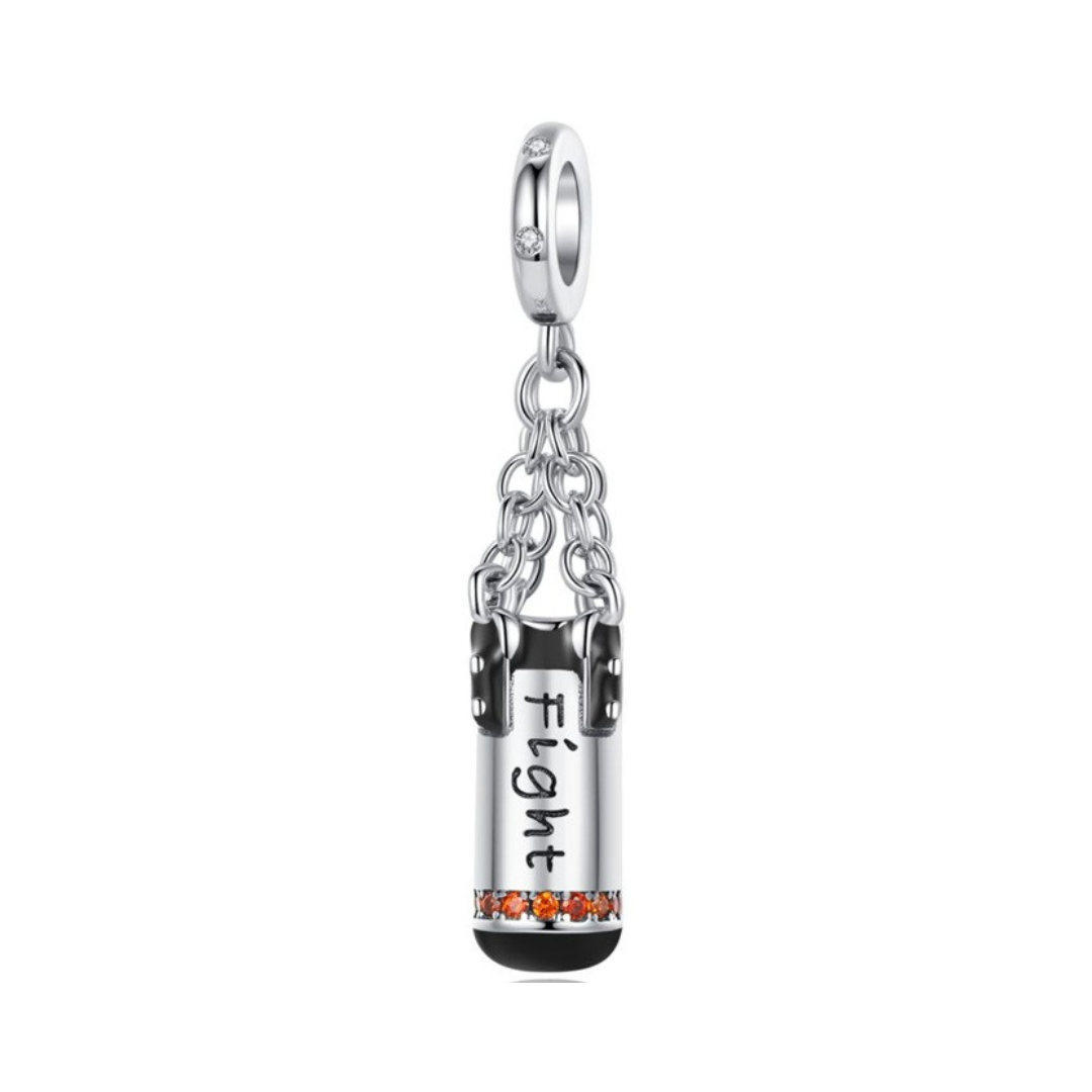 Fight Boxing Punch Bag Dangle Charm featuring silver punch bag with orange stone accents and engraved 'Fight' in bold design.