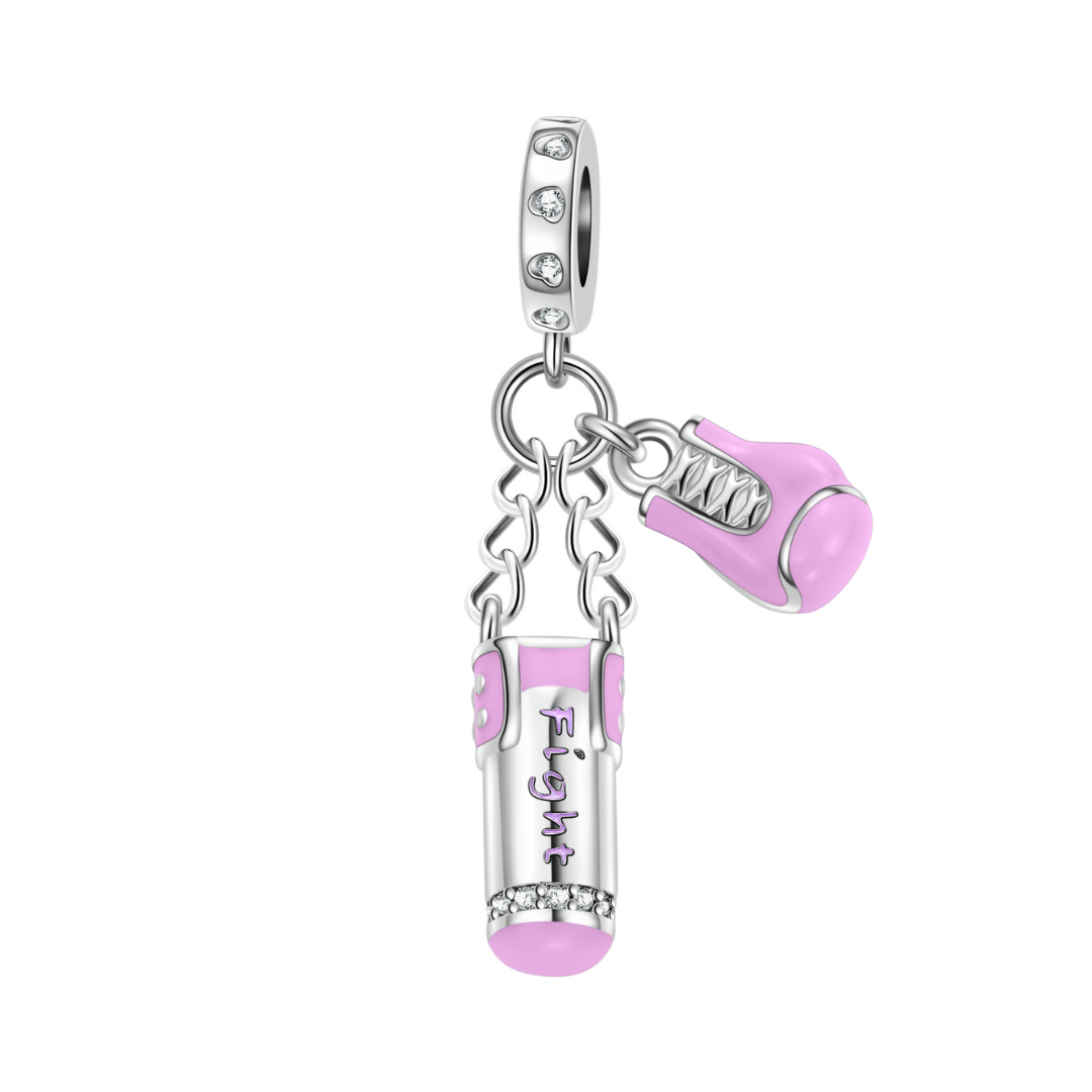 Fight Like a Girl Pink Boxing Dangle Charm showcasing a pink punching bag and boxing glove, symbolizing strength and femininity.