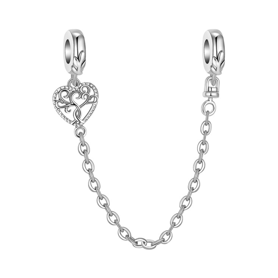 Filigree Heart Family Tree Safety Chain featuring a detailed filigree heart dangle and polished clips.