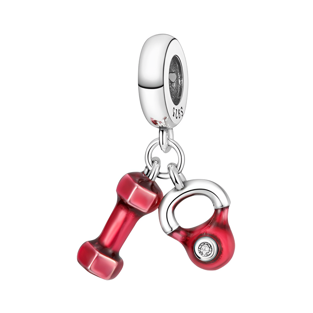 Fitness Dumbbell and Kettlebell Dangle Charm featuring a red dumbbell and kettlebell design.
