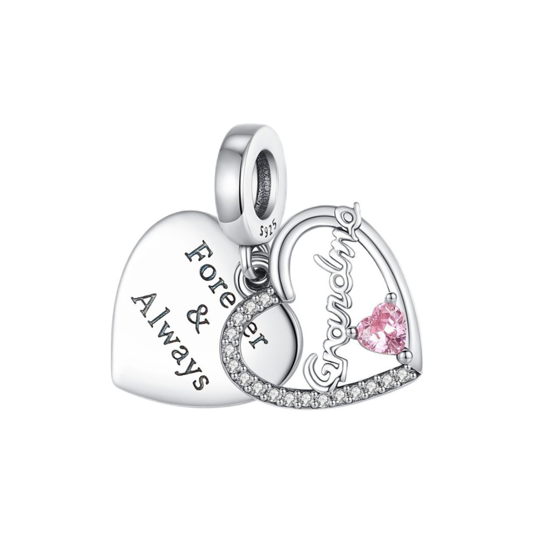 Forever & Always Grandma Heart Dangle Charm featuring twin engraved hearts and sparkling pink stone.