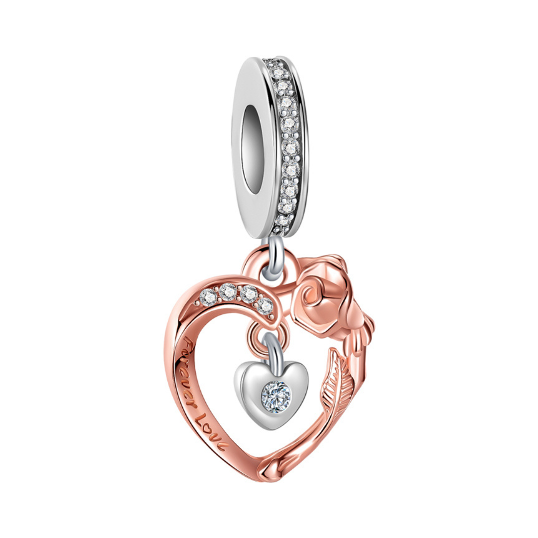 Forever Love Rose Heart Dangle Charm in rose gold with a blooming rose and sparkling stones