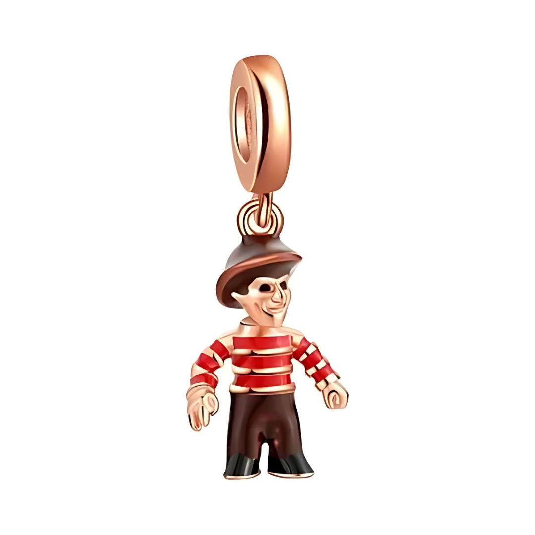 Freddy Krueger Nightmare Dangle Charm featuring a rose gold Freddy figure with striped jumper and dark hat.