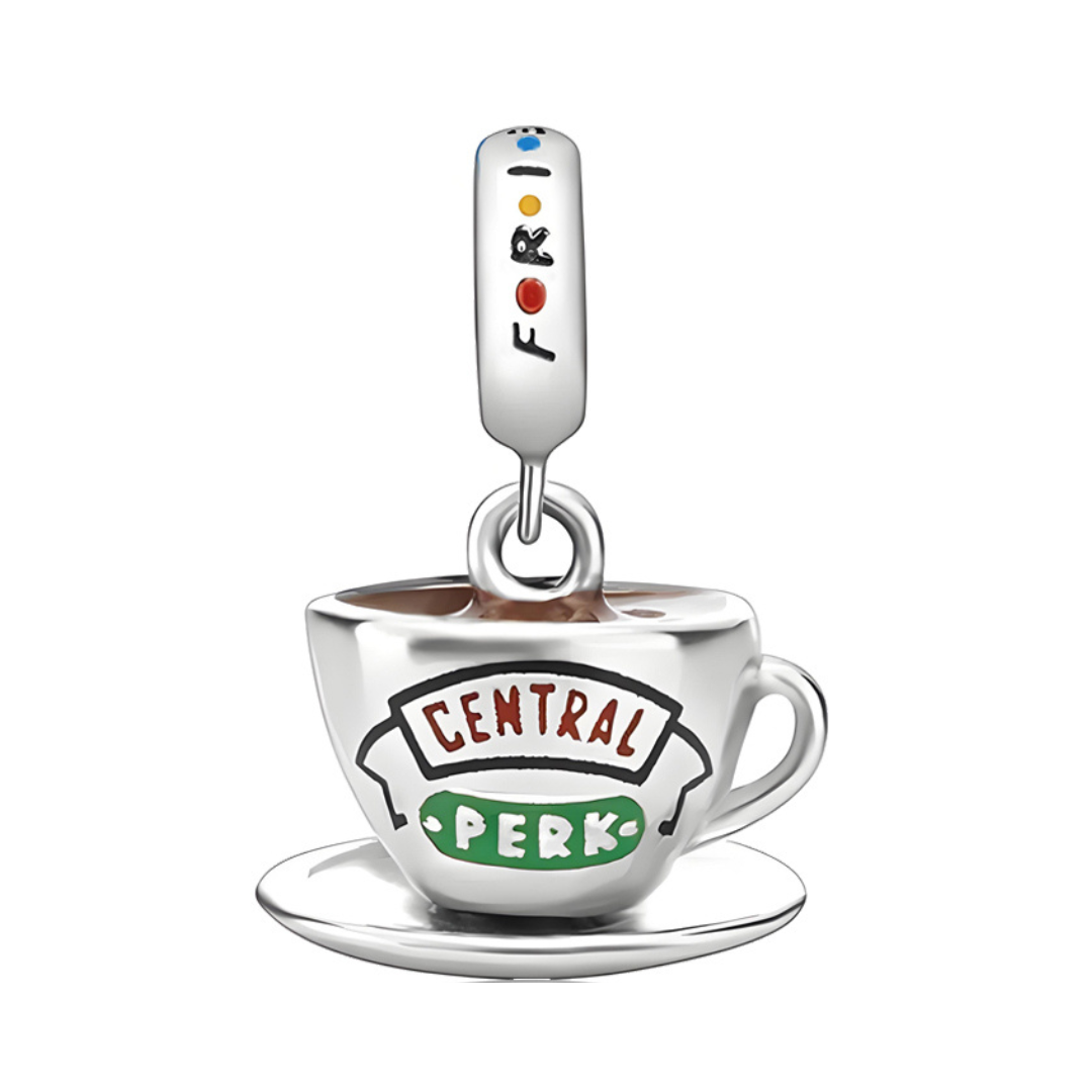 Friends Central Perk Coffee Cup Dangle Charm featuring a silver coffee cup and saucer design.
