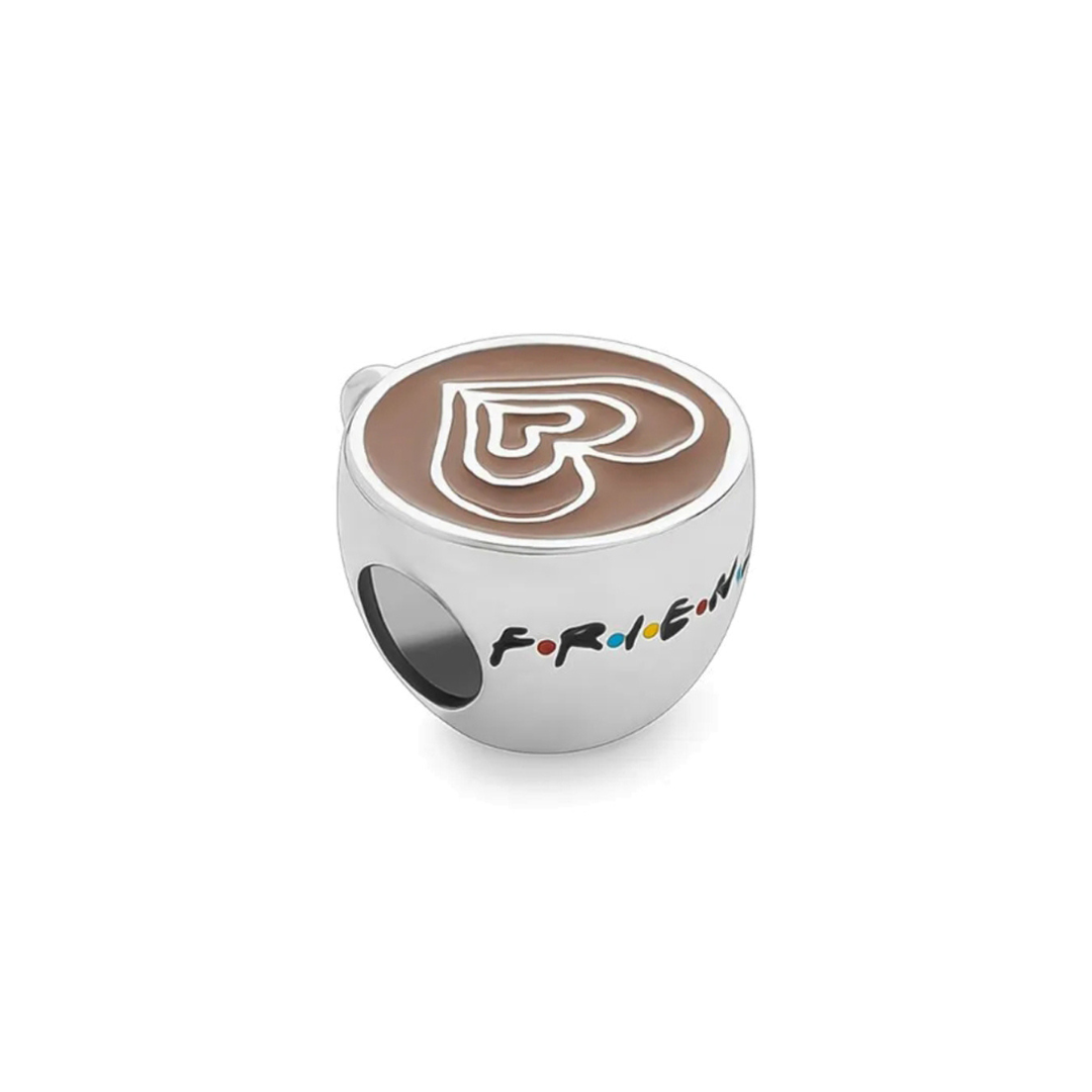 Friends Coffee Cup Charm featuring a silver coffee cup with a heart design and the word 'FRIENDS'.