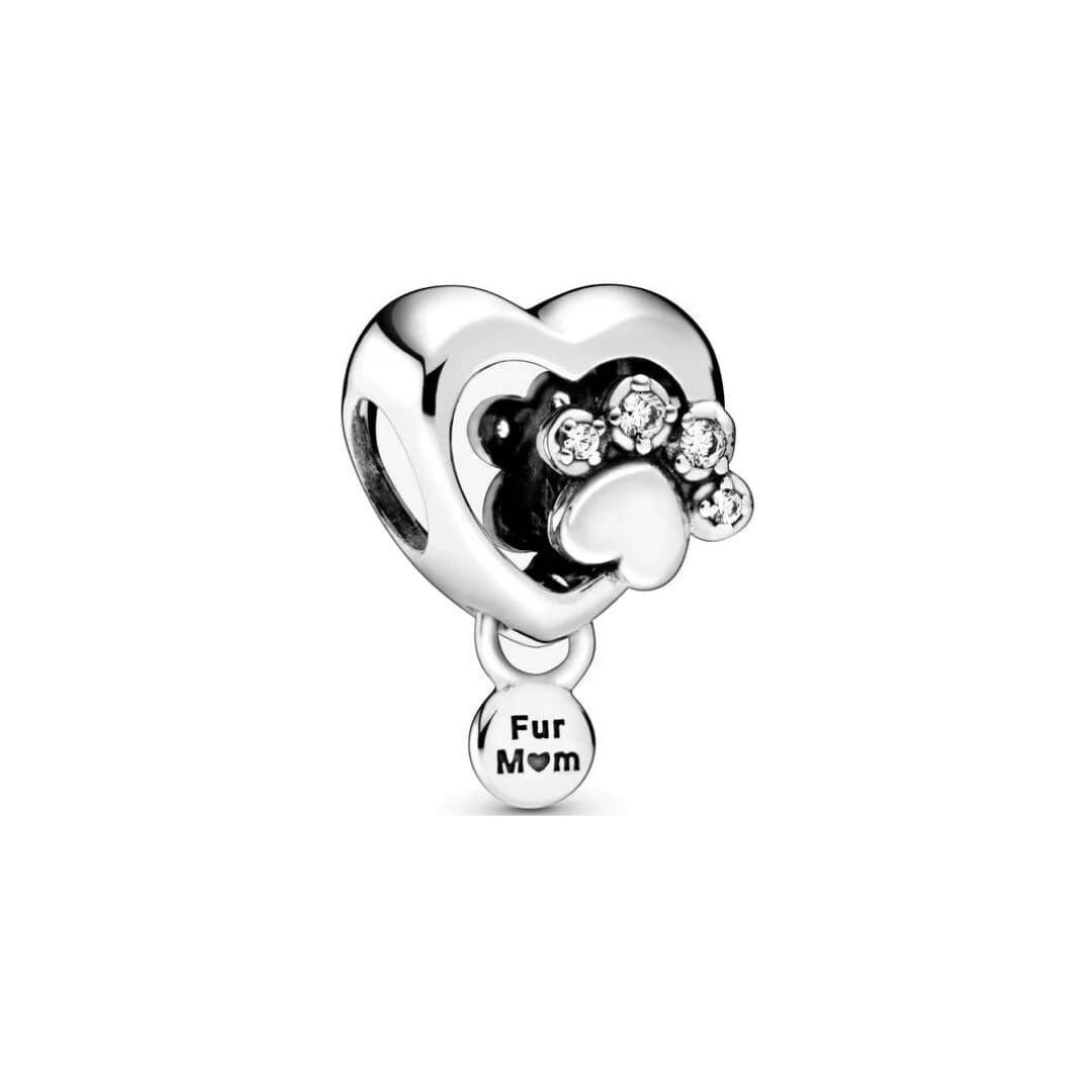 Fur Mom Paw Print Heart Dangle Charm - silver heart charm with paw print and "Fur Mom" tag, embellished with crystals.