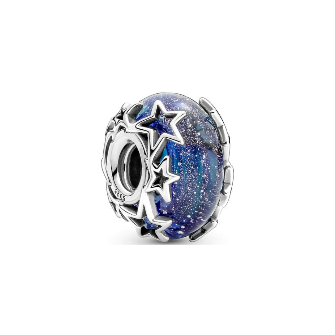 Galaxy Star Murano Glass Charm featuring deep blue glass with silver glitter and star designs.
