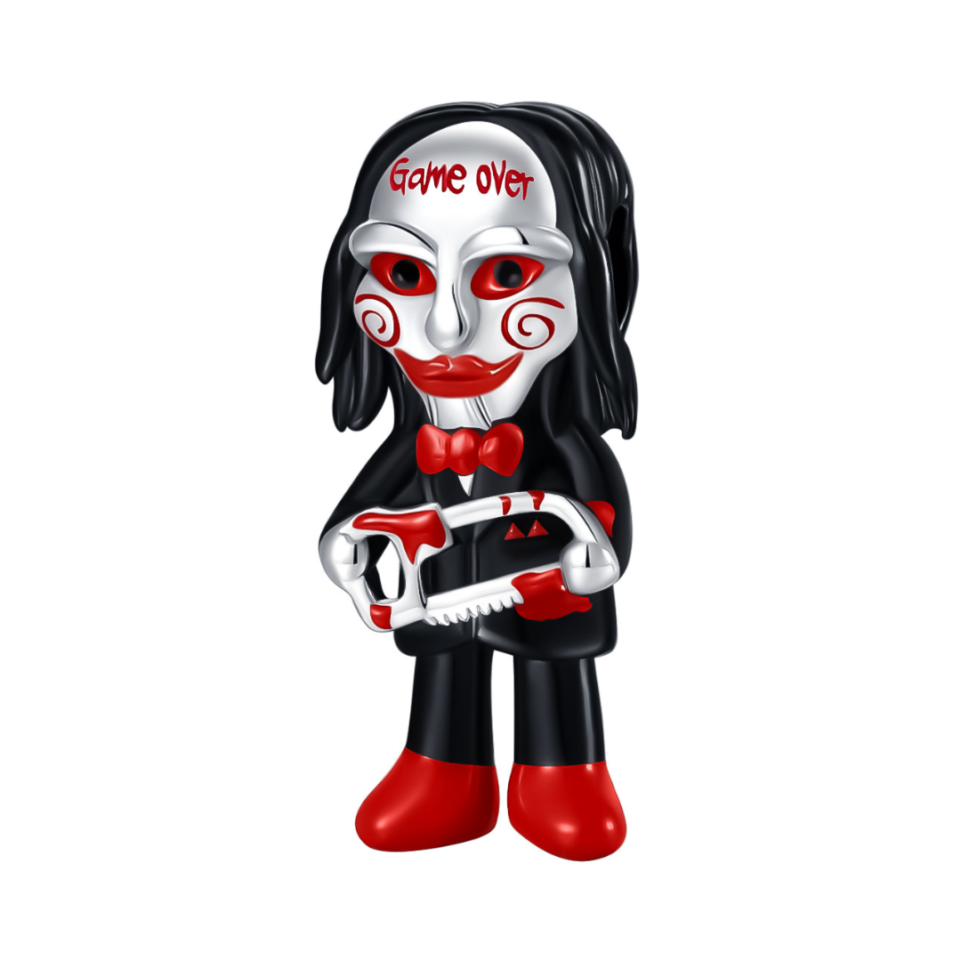 Game Over Jigsaw Puppet Horror Charm in red and black enamel, holding a saw, with iconic details.