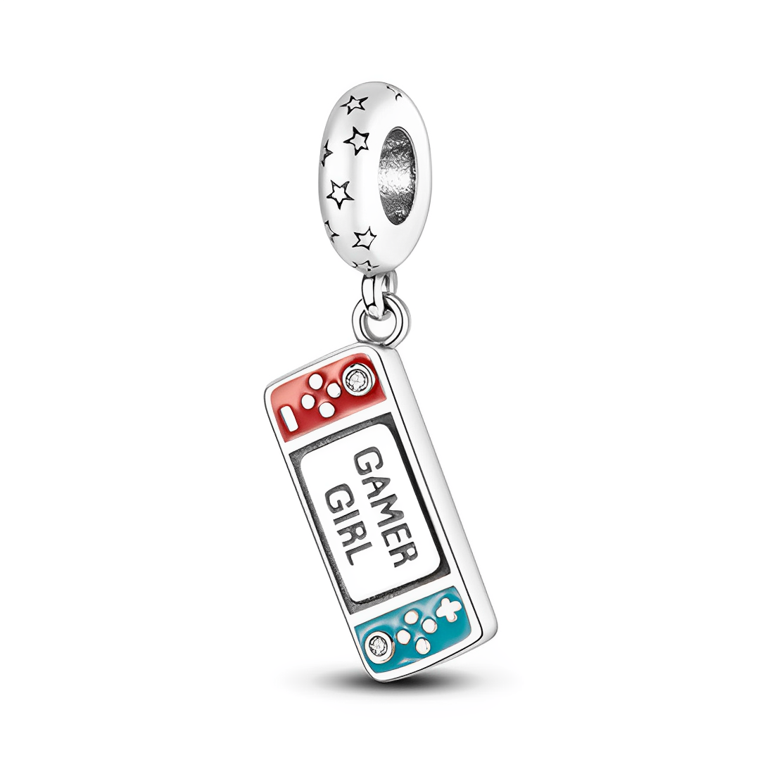 Gamer Girl Console Dangle Charm featuring red and teal enamel controller panels and engraved star bail.
