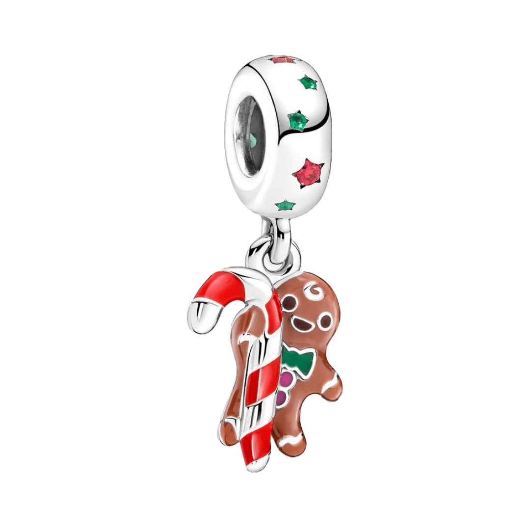 Gingerbread Man and Candy Cane Christmas Dangle Charm featuring a gingerbread man and candy cane.