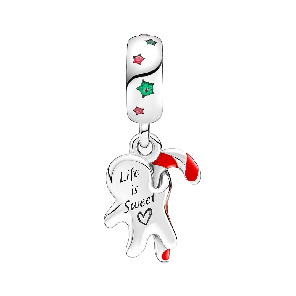 Gingerbread Man and Candy Cane Christmas Dangle Charm with red and white details, featuring the phrase 'Life is Sweet'.