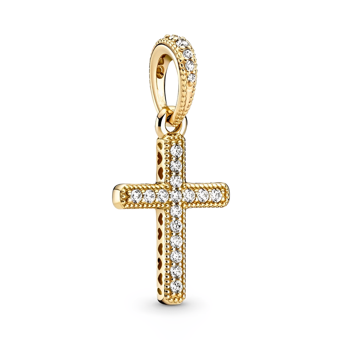 Gleaming Golden Sparkling Cross Pendant with white stones and delicate milgrain edging, symbolizing faith.