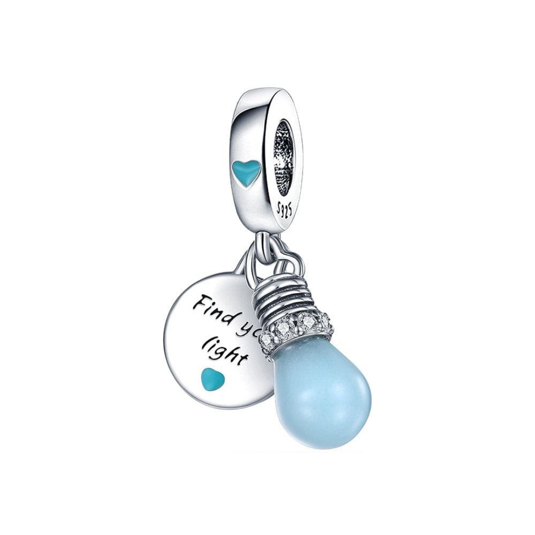 Glow in the Dark Find Your Light Bulb Dangle Charm featuring blue bulb and engraved disc.