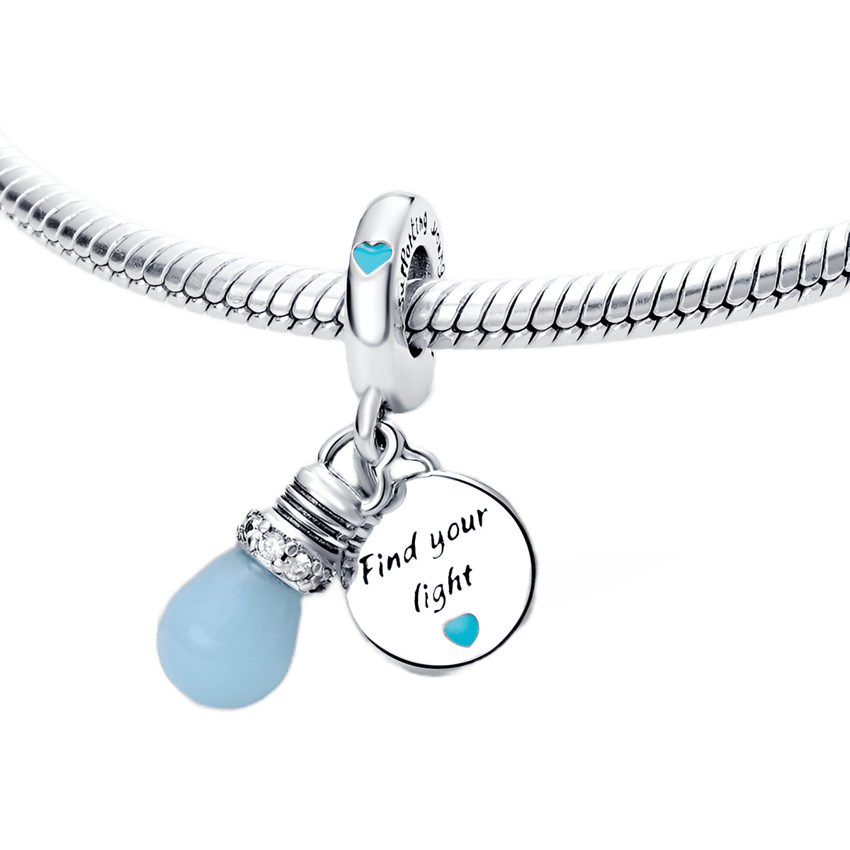 Glow in the Dark Find Your Light Bulb Dangle Charm featuring a blue light bulb and silver disc with "Find your light" engraving.
