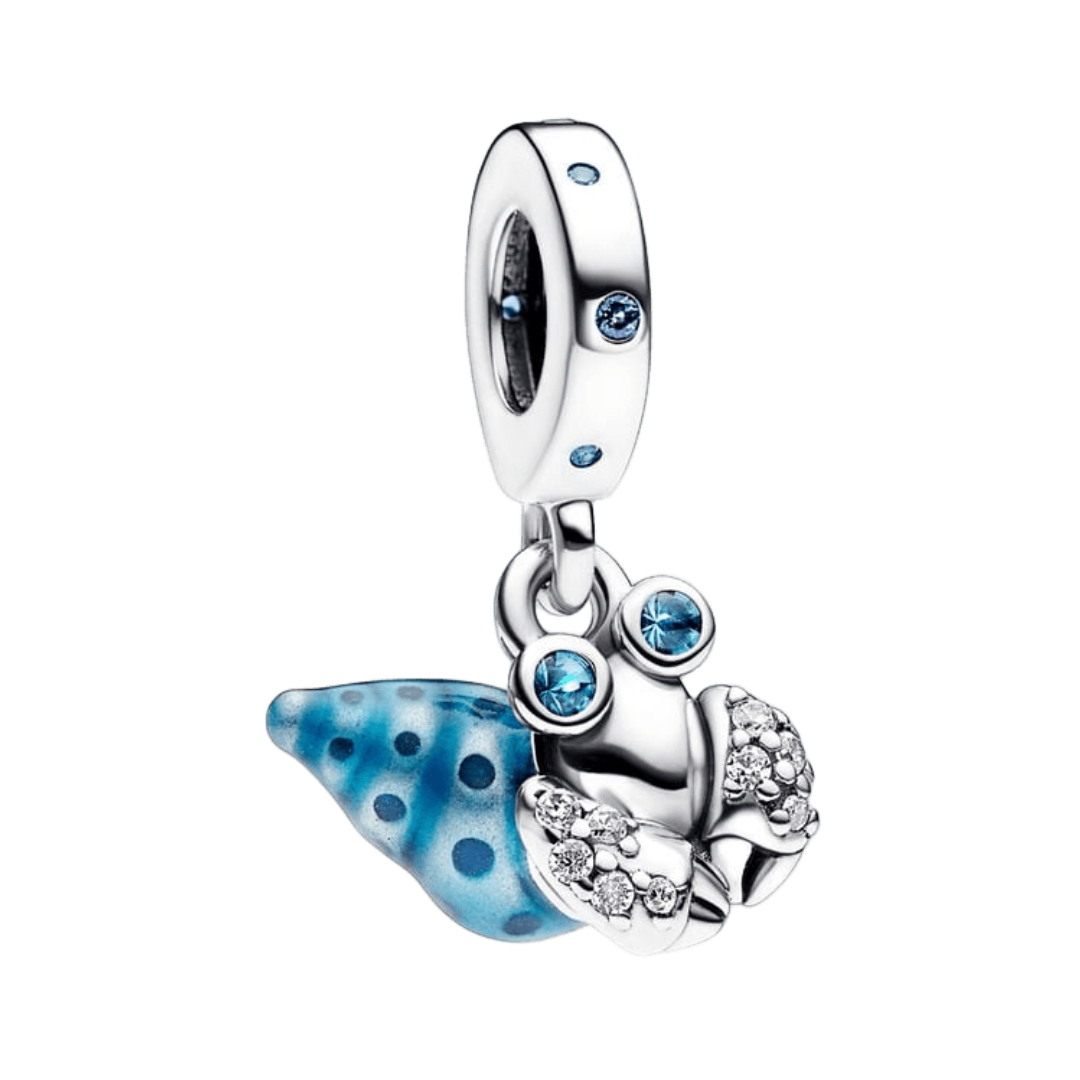 Glow in the Dark Hermit Crab Dangle Charm featuring vivid blue eyes and sparkling pavé stones.