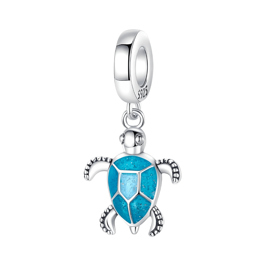 Glow In The Dark Ocean Blue Sea Turtle Dangle Charm with shimmering blue shell and textured flippers