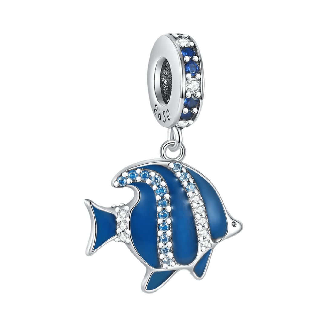 Glow in the Dark Sparkling Tropical Fish Dangle Charm with blue enamel and pavé stones, sparkling and glowing.
