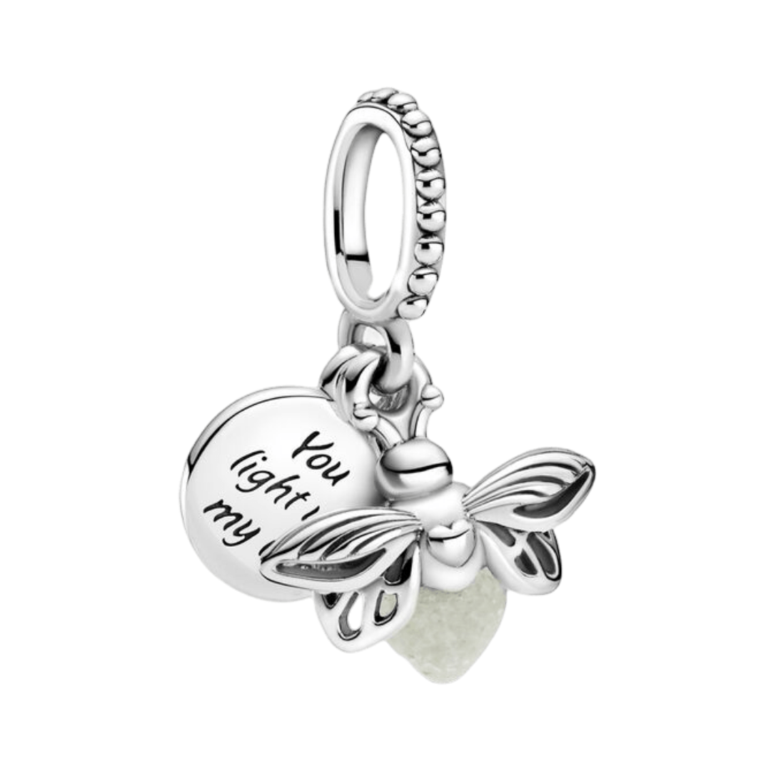 Glow in the Dark You Light Up My World Firefly Pendant featuring a silver firefly and engraved disc.
