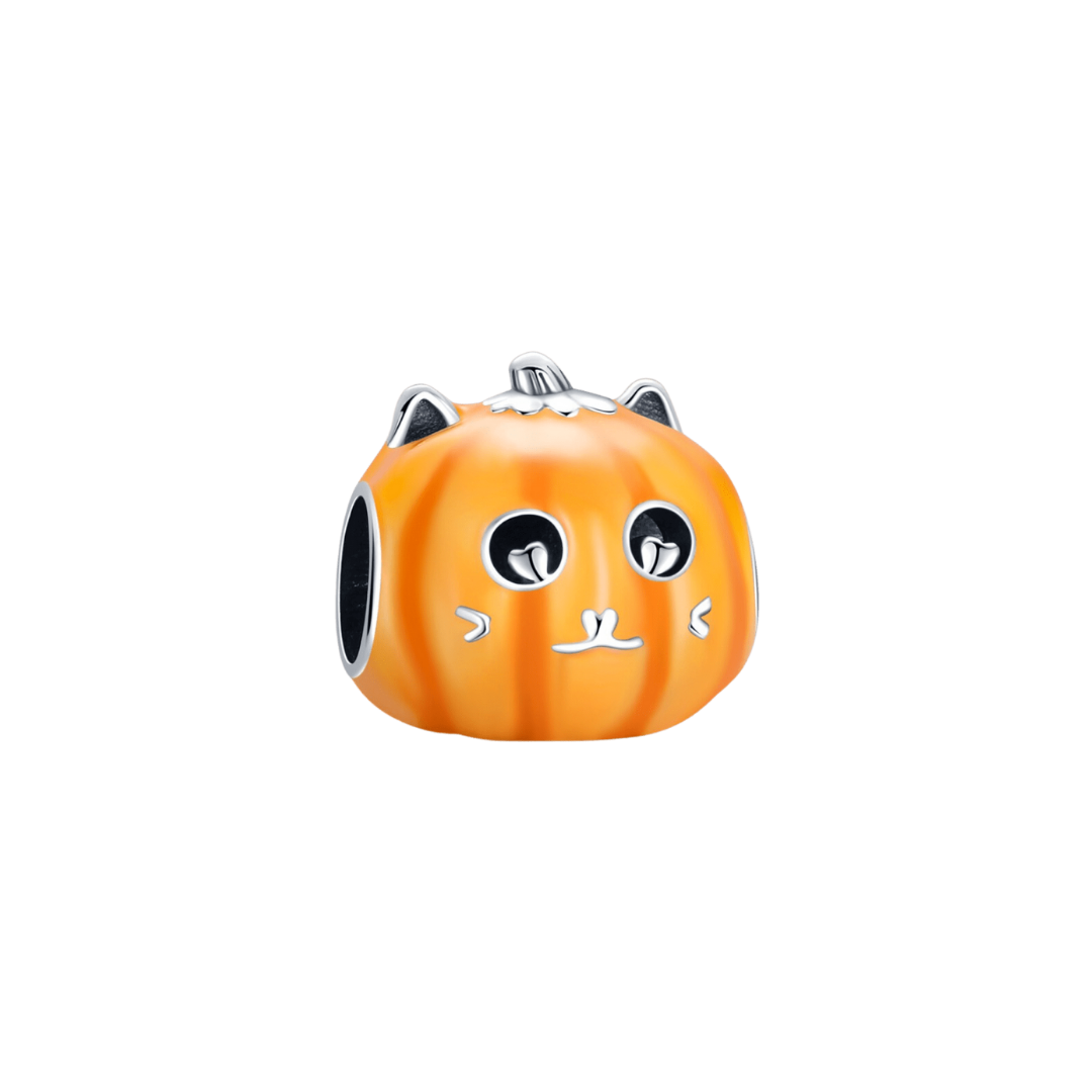 Glow Pumpkin Cat Charm ( Discontinued ) in vibrant orange enamel with a cute cat face and ears.