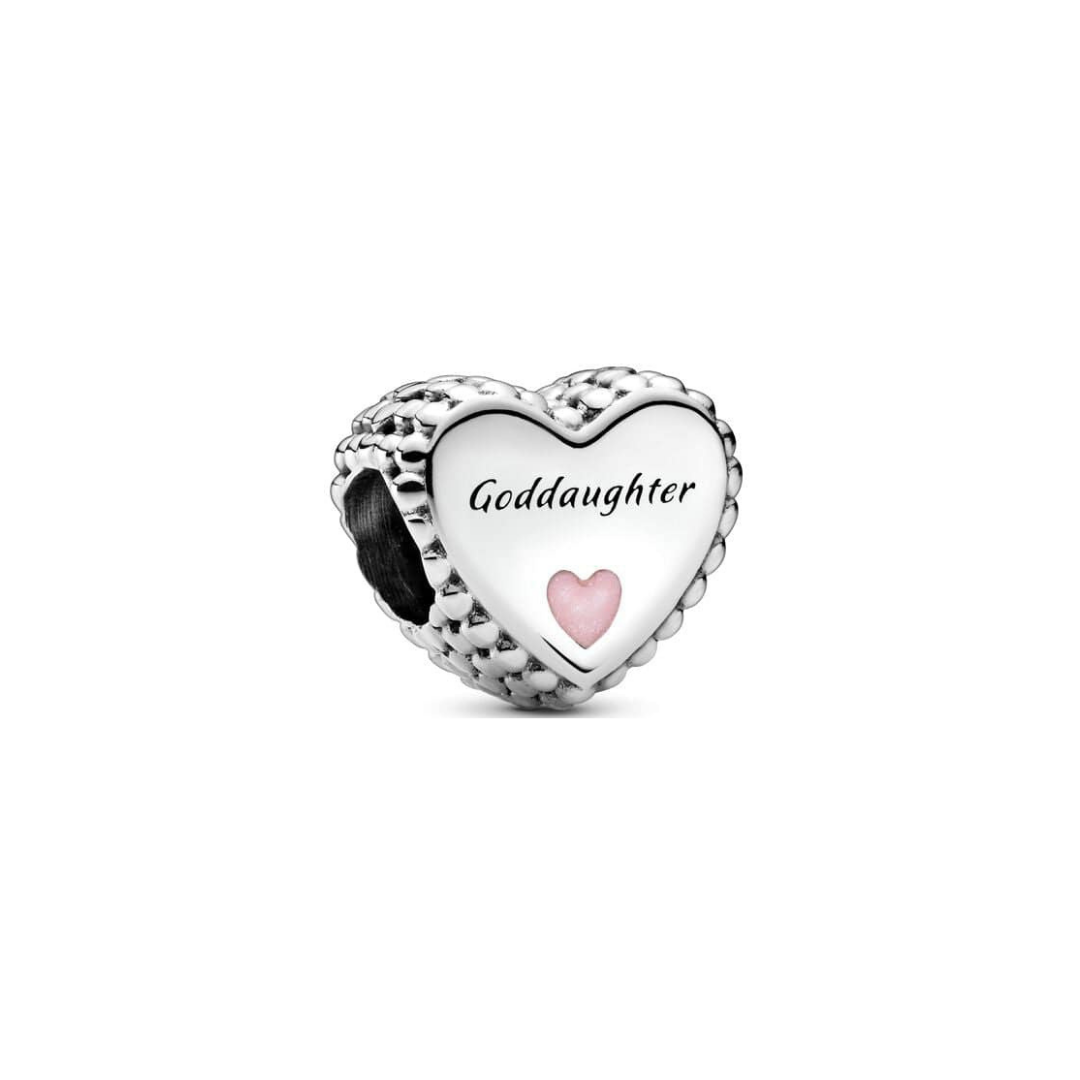 Goddaughter Heart Charm featuring a beaded silver heart with delicate script and pink enamel heart.