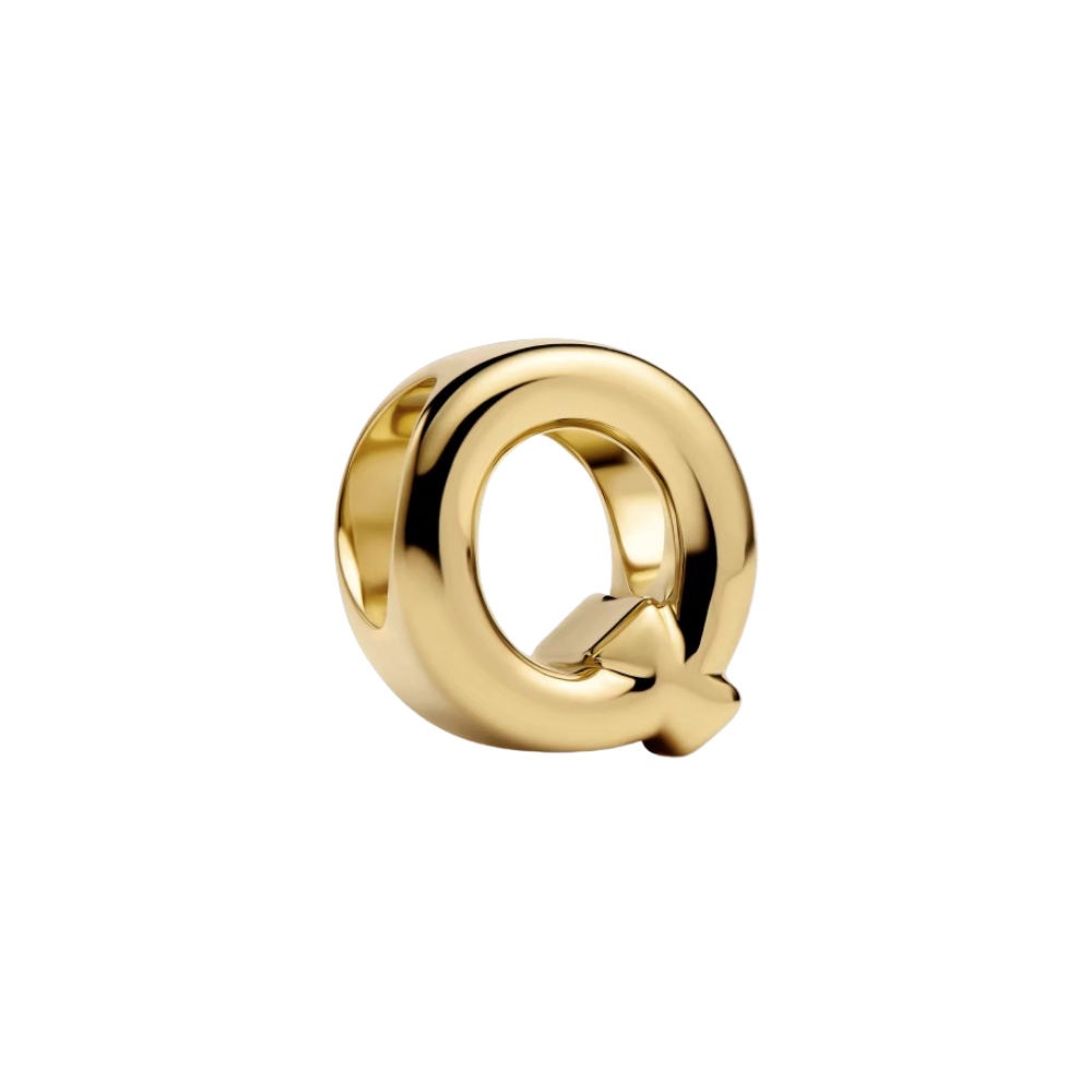 Gold Alphabet Charms A–Z, shiny gold letter Q charm on a white background, perfect for personalized jewelry.