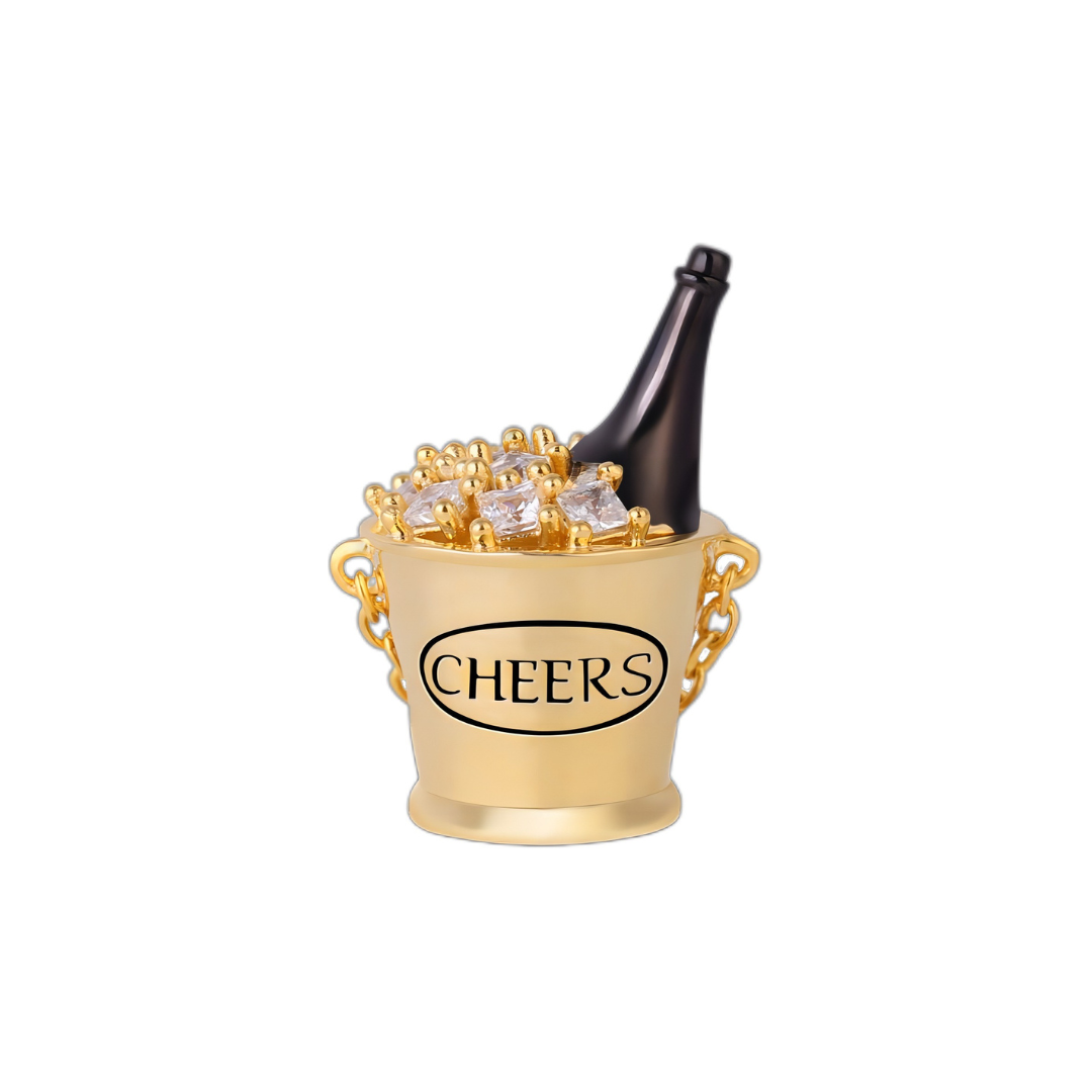 Cheers Champagne Ice Bucket Charm featuring a gold bucket, black champagne bottle, and ice cube stones.