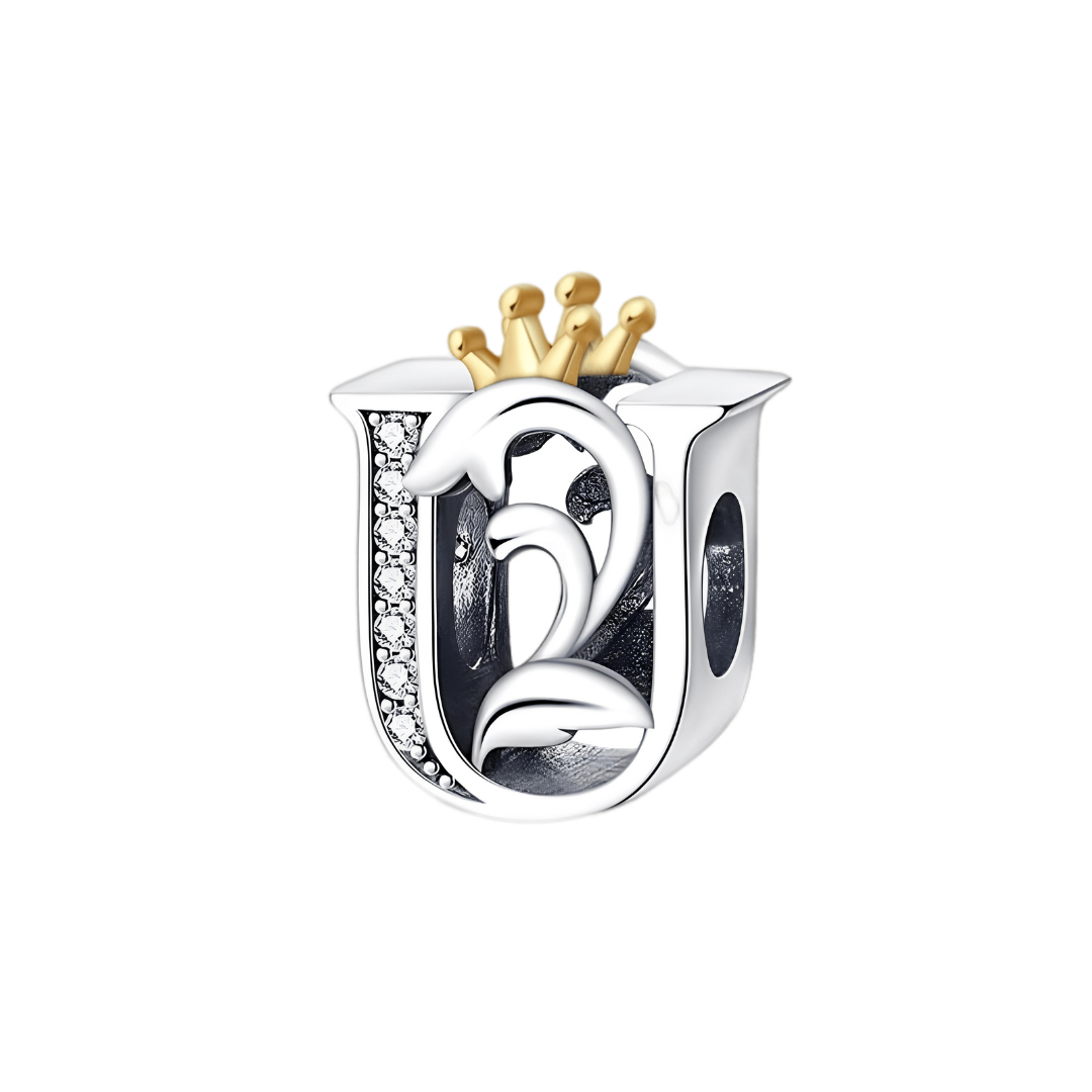 Gold Crown Alphabet Charms A–Z (DISCONTINUED) - Silver charm letter U with gold crown and sparkling accents.