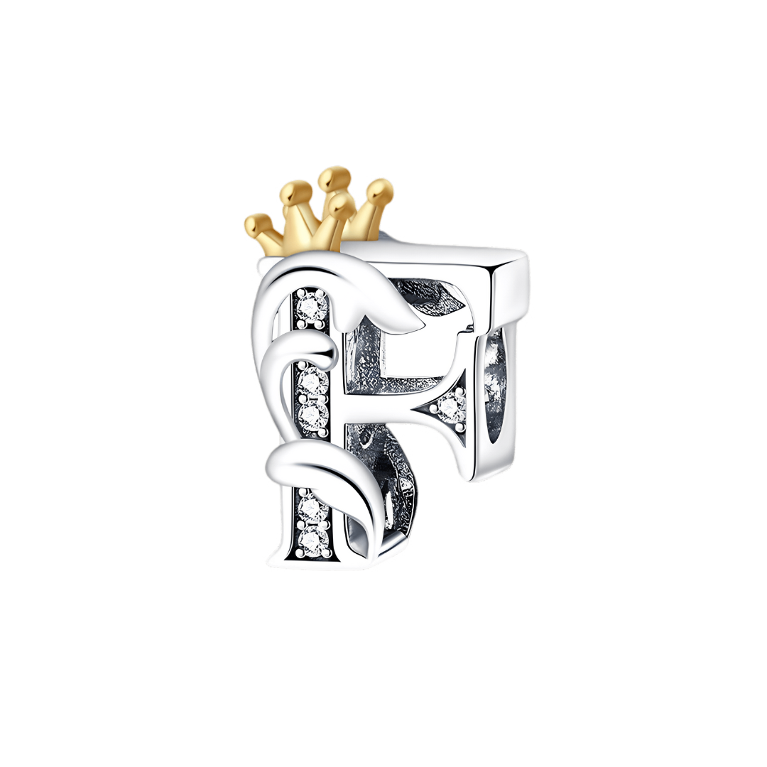 Gold Crown Alphabet Charms A–Z (DISCONTINUED) letter F charm with gold crown and sparkling accents.