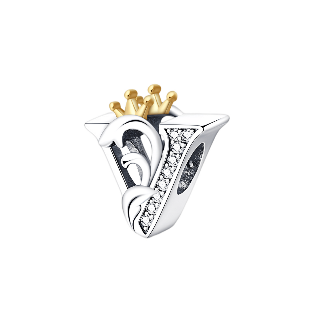 Gold Crown Alphabet Charms A–Z (DISCONTINUED) charm featuring letter V with gold crown and sparkling details