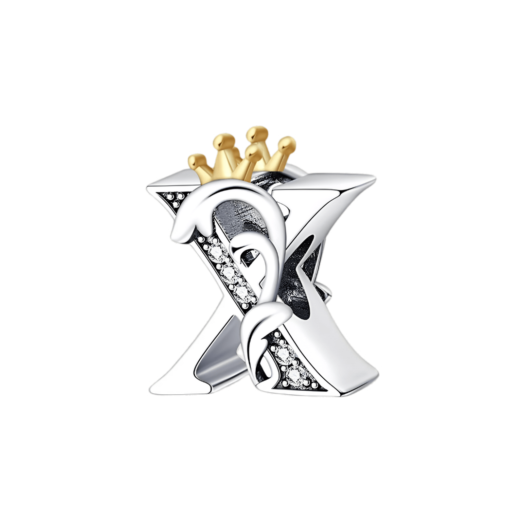 Gold Crown Alphabet Charms A–Z (DISCONTINUED) silver X charm with golden crown and sparkling accents