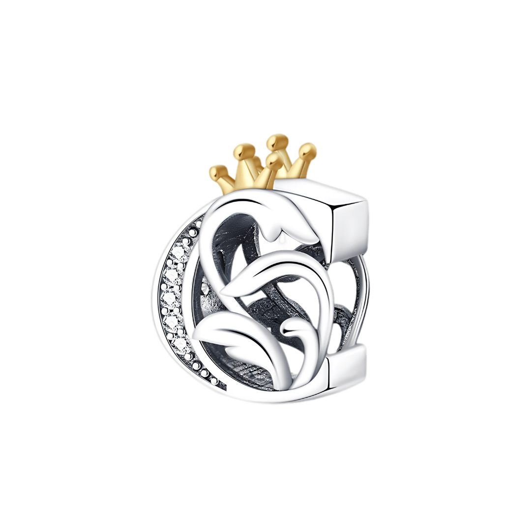Gold Crown Alphabet Charms A–Z (DISCONTINUED) silver charm with golden crown and sparkling details.