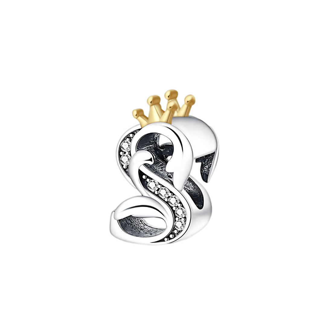 Gold Crown Alphabet Charms A–Z (DISCONTINUED) silver 'S' charm with gold crown and sparkling accents.