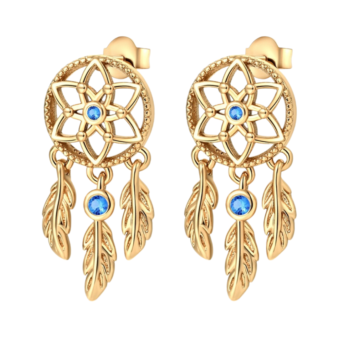 Gold Dreamcatcher Feather Stud Earrings featuring blue stones and feather charms for a boho-luxe style.